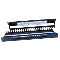 Патч-панель 19", 1U, 16 портов RJ-45, категория 6, Dual IDC, ROHS, цвет черный (задний кабельный организатор в компле