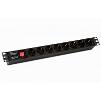 ССД 255002 Hyperline SHE19-8SH-S-IEC Блок розеток для 19" шкафов, горизонтальный, с выключателем с подсветкой, 8 розеток Schuko (10А), 250В, без кабел